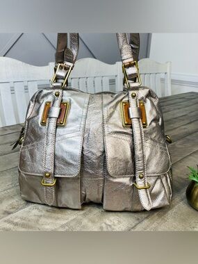 Elliott Lucca Cordoba Metallic Pewter Leather Tote Satchel Shoulder Bag